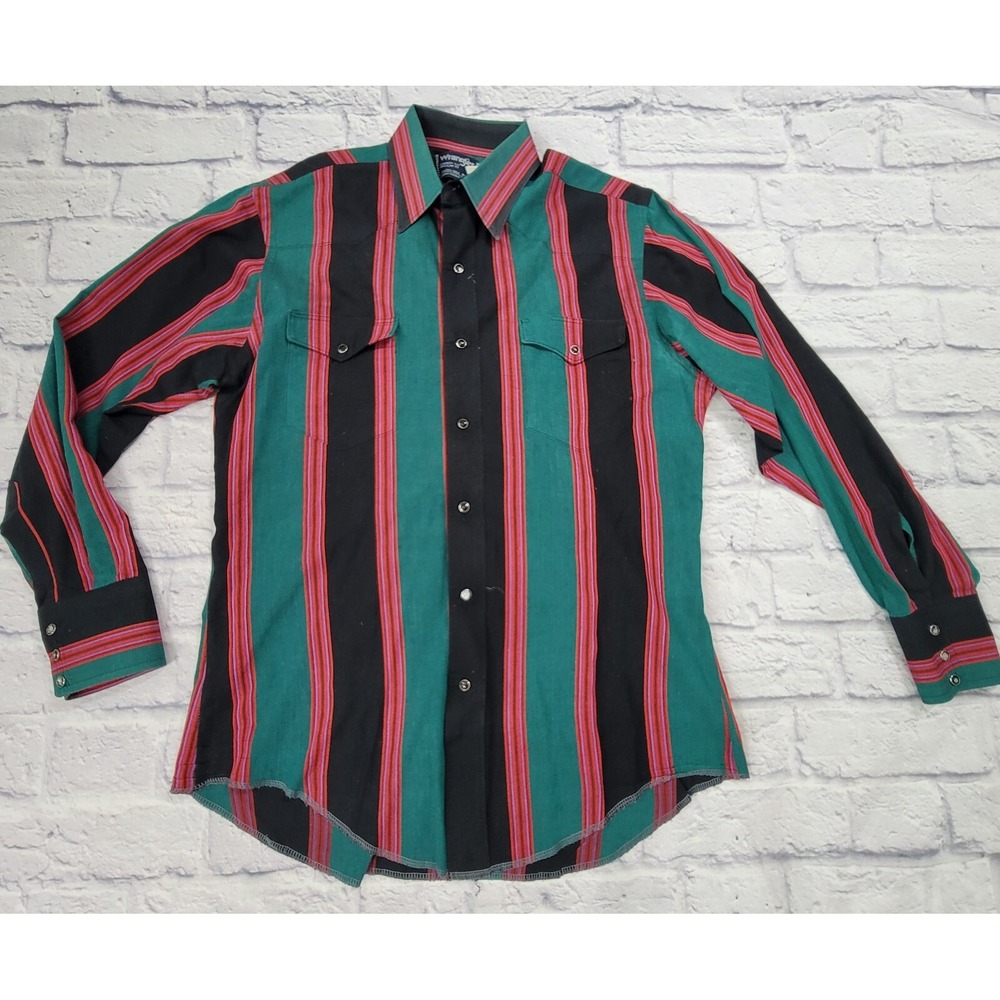 Vtg Pearl Snap Wrangler X-Long Tails Cowboy Cut Regular Fit Striped  15‎ 1/2-34